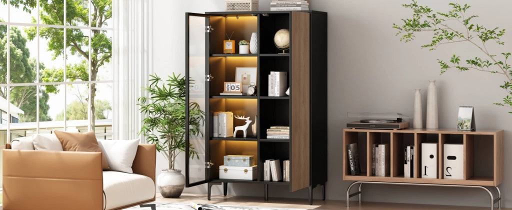 Vetrina con 2 ante e 8 vani, LED RGB controllato da app, per soggiorno, in MDF, nero naturale, 90 × 40 × 135 cm