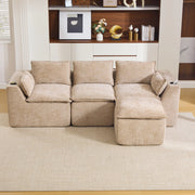 Divano modulare a 3 posti con pouf e cuscini; ciniglia color cachi; 256x161x75 cm