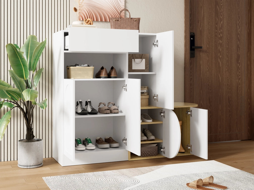 Mobile scarpiera con panca, 1 cassetto, 5 ante e vano aperto, per ingresso, in MDF, bianco, 130 × 35 × 110,5 cm