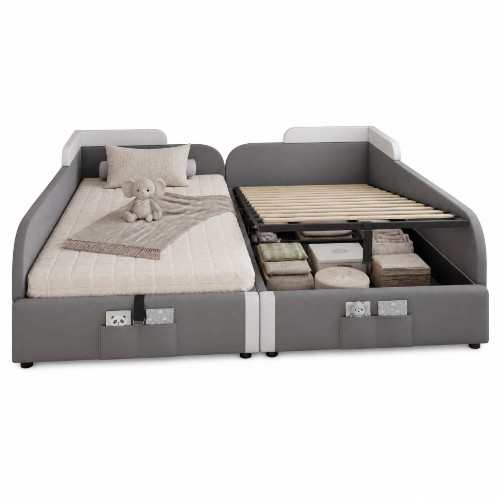 Letto imbottito combinato per bambini con contenitore idraulico; 90x200 cm; grigio