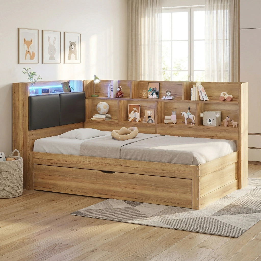 Letto Contenitore Singolo con LED e Letto Estraibile ¨C MINIMAL ¨C Legno Naturale 90x200