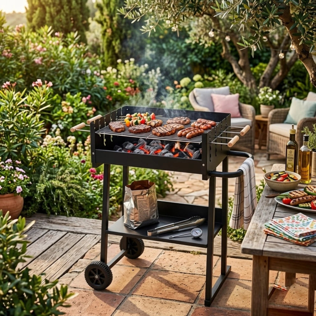 BBQ Grill A Carbone Con Griglia Regolabile Su Più Livelli Struttura In Acciaio Termico Piano Portaoggetti Integrato E Ruote Per Esterno Giardino Campeggio E Outdoor Cooking 87 x 52 x 90 Cm Nero