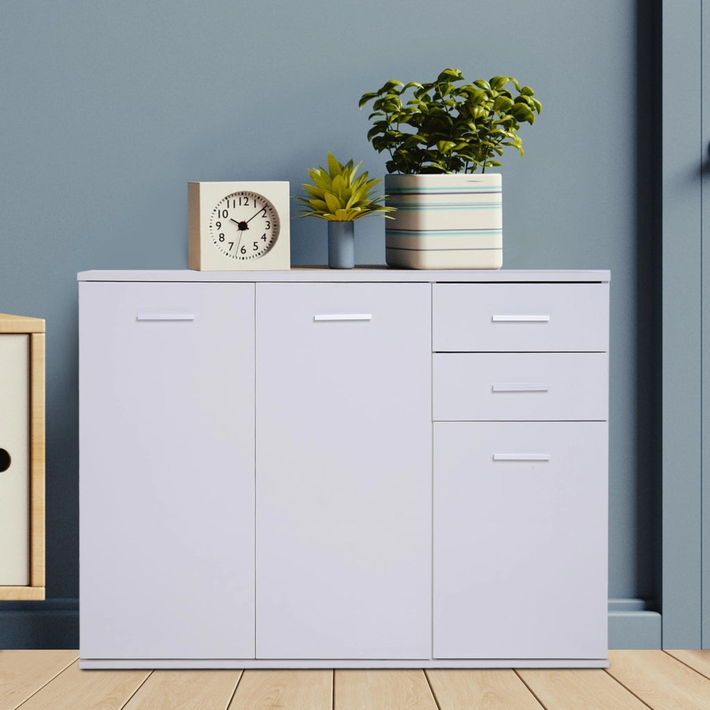 EasyComfort Credenza Soggiorno con 3 Armadietti e 2 Cassetti, Madia Soggiorno Moderna Salvaspazio con Ripiano Regolabile in Legno, 106x35x76 cm, Bianco