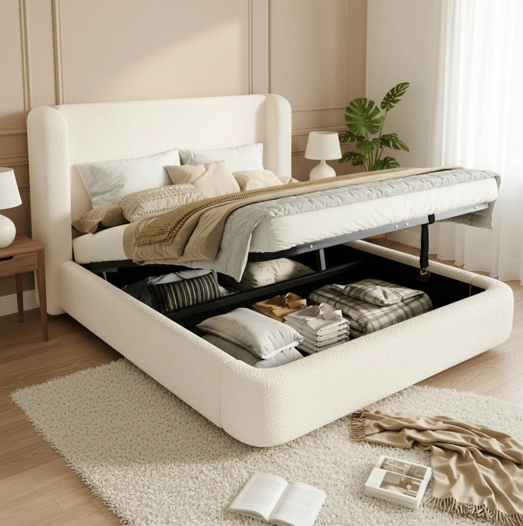 Letto matrimoniale imbottito con contenitore; bouclé beige; 219x189x100 cm