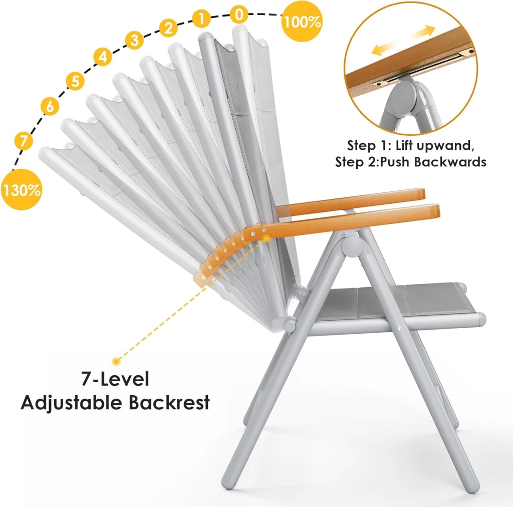 Sedia da giardino con schienale alto, pieghevole, set da 6 sedie da balcone, braccioli in WPC, con schienale trapuntato, seduta regolabile in 7 posizioni, fino a 120 kg, per sala da pranzo
