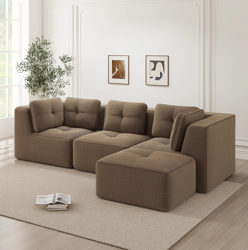 Divano angolare modulare 297x177x69 cm in velluto a coste marrone; senza montaggio
