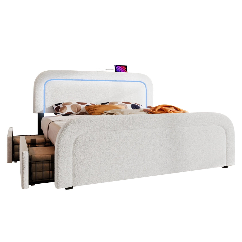 Letto con Cassetti Matrimoniale; USB; Tipo C; LED e 4 Cassetti; 140×200 cm; senza Materasso; Sherpa Bianco