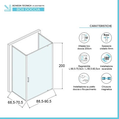 Box doccia 70x90x70 cm con porta a battente trasparente H 200 cm Ted