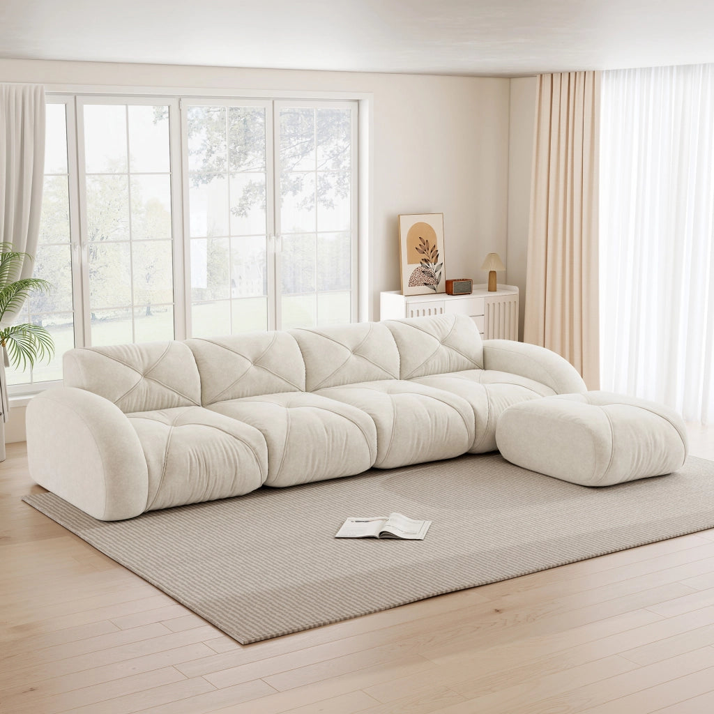 Divano angolare modulare in ciniglia con seduta morbida e base antiscivolo beige chiaro