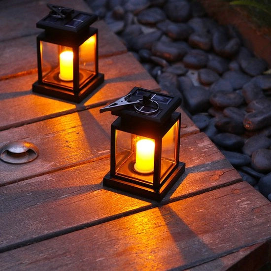 Lanterne Solari da Esterno in Stile Candela - 2 pezzi - Adatto per Camping, Terrazza, Giardino, Patio, Veranda, Decorazione Giardino - Nero