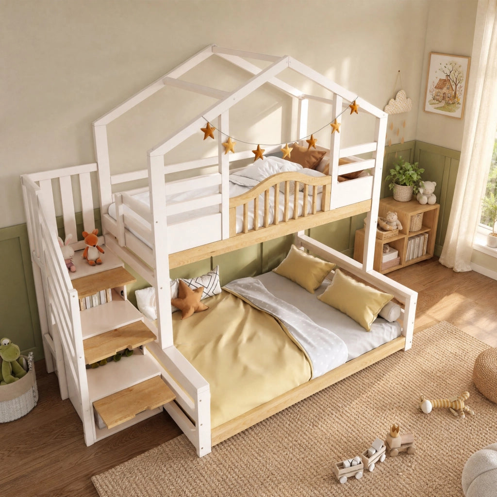 Letto a castello 90x200 cm e 140x200 cm con scala contenitore in legno bianco e colore naturale