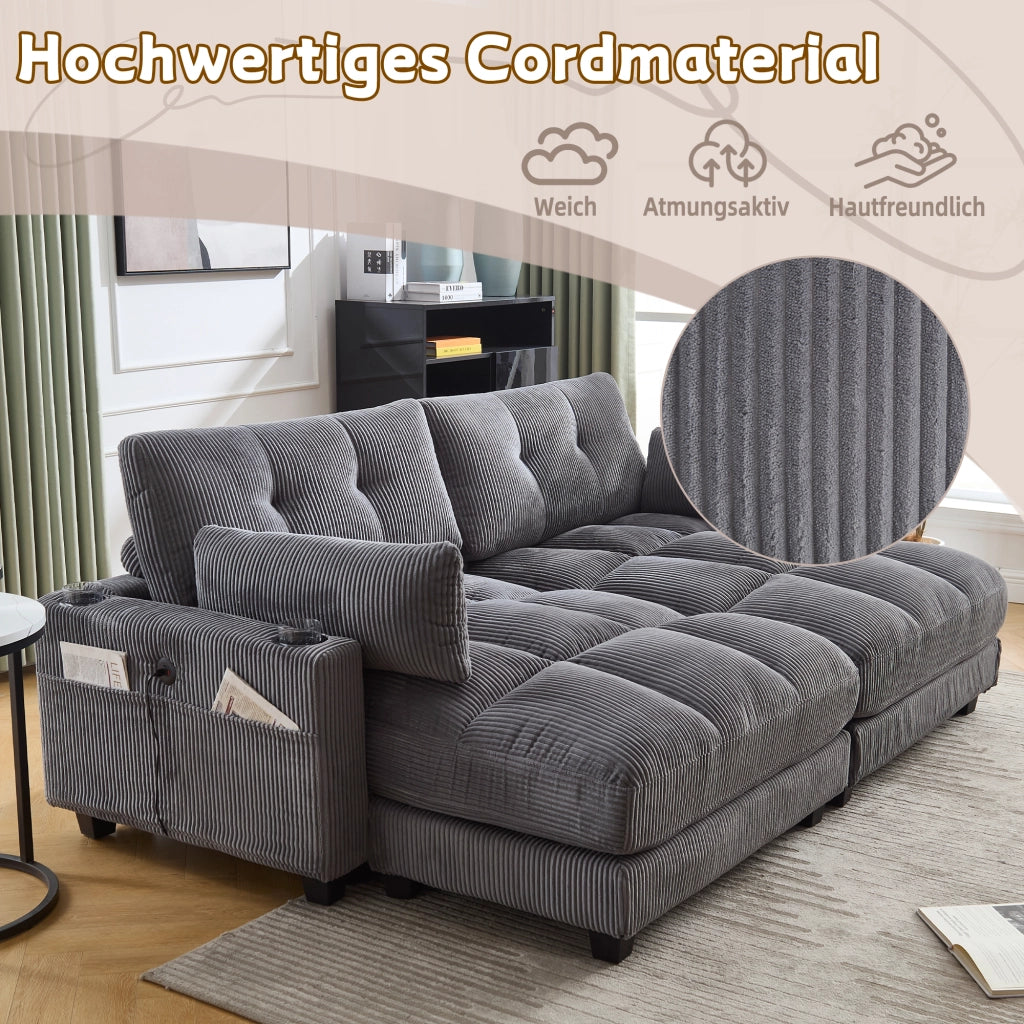 DIVANO 2 posti modulare 224x140x81 cm in corduroy grigio, divisibile in 2 poltrone