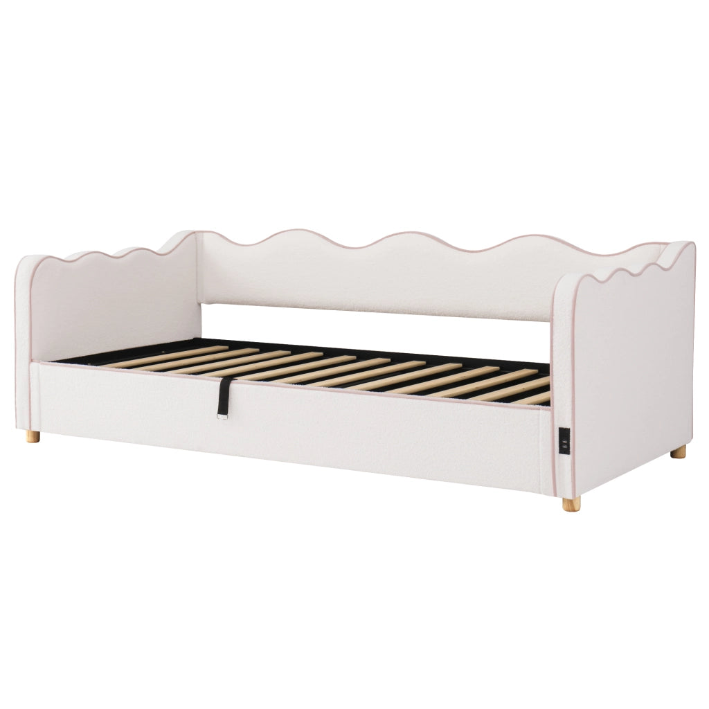 Letto imbottito 90x200 cm con contenitore idraulico, bouclé beige, con presa USB e Tipo-C
