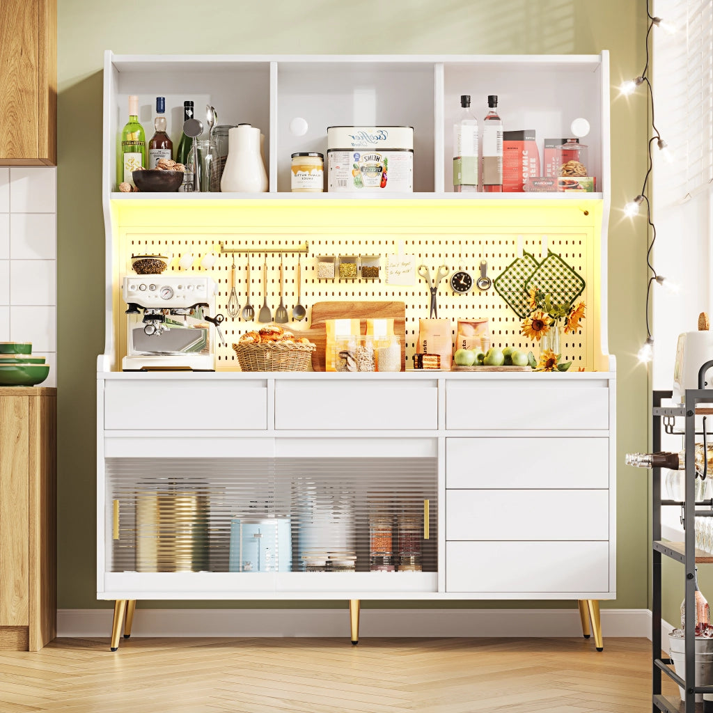 Credenza Alta con Ante Scorrevoli e LED con controllo da applicazione; in MDF e Vetro; 145 x 39 x 171 cm; Bianco