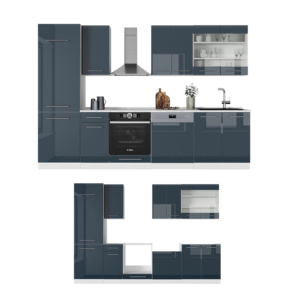 Cucina componibile Fame-Line Blu scuro lucido/Bianco 300 cm, PL Marmo Vicco