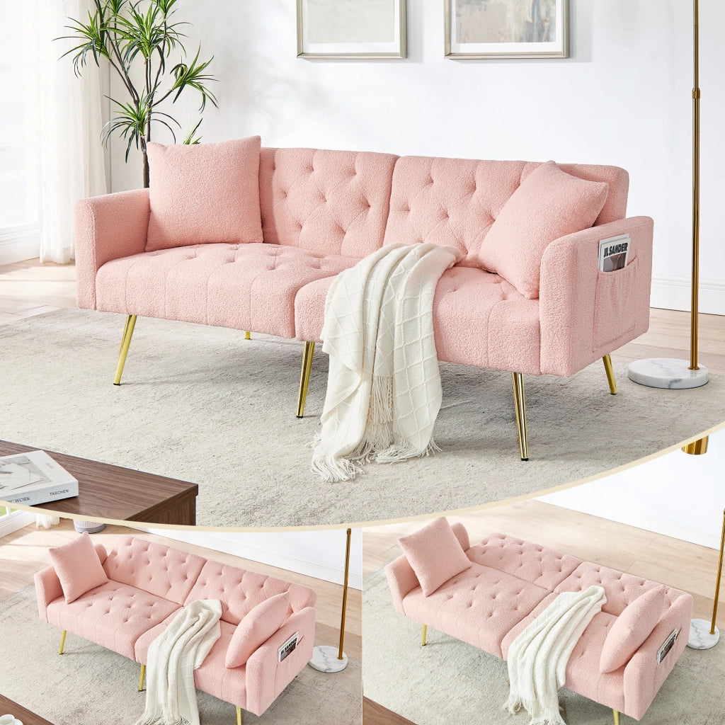 Divano relax a 2 posti in tessuto teddy rosa con schienale regolabile a 3 livelli e 2 cuscini coordinati