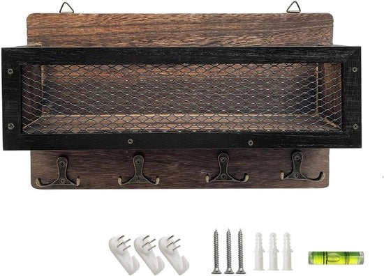 Organizzatore per Chiavi e Lettere in Legno Decorativo con 4 Ganci Doppioni per Murale per Ingresso, Salotto, Hall e Cucina