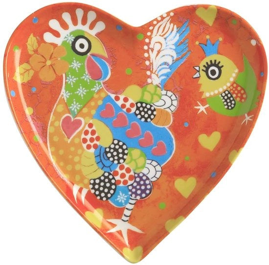 Piatto a forma di cuore con motivo di Chicken Dance, in scatola di regalo, porcellana, arancione, 15,5 cm, "Love Hearts