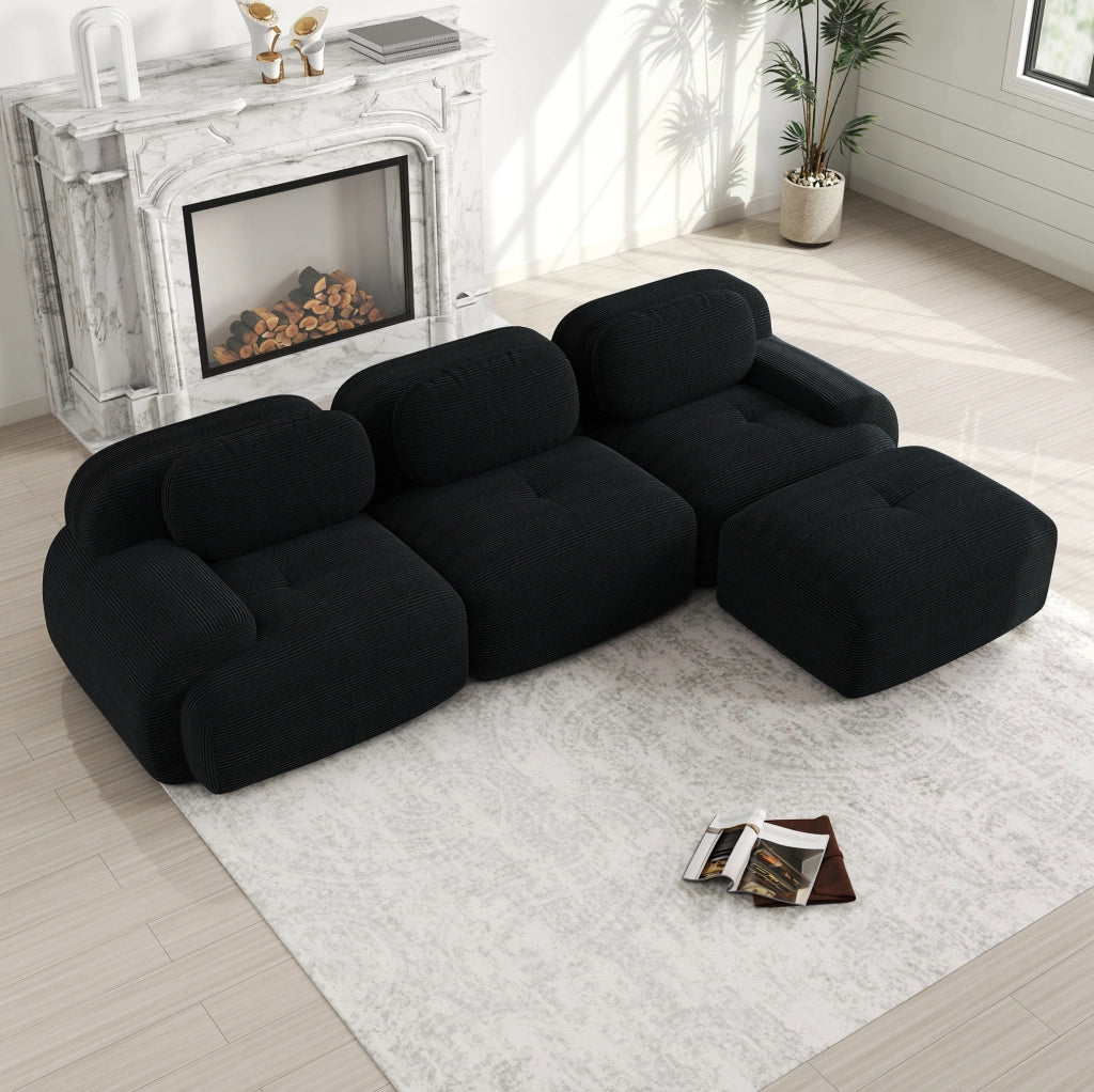Divano angolare modulare senza montaggio in velluto a coste nero; design ergonomico e struttura senza telaio
