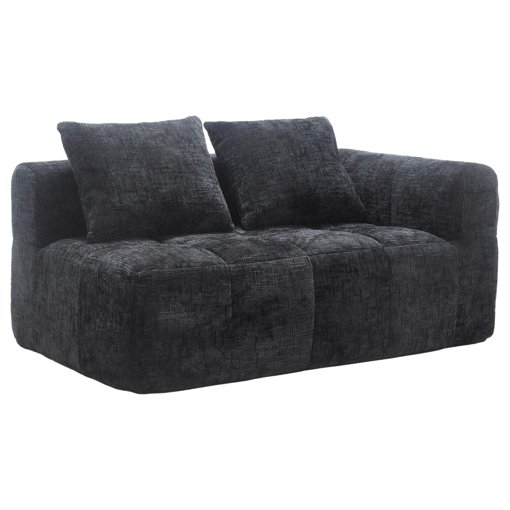 Divano chaise longue a 2 posti in chenille nero con tasche laterali e cuscino incluso, 158x90x60 cm