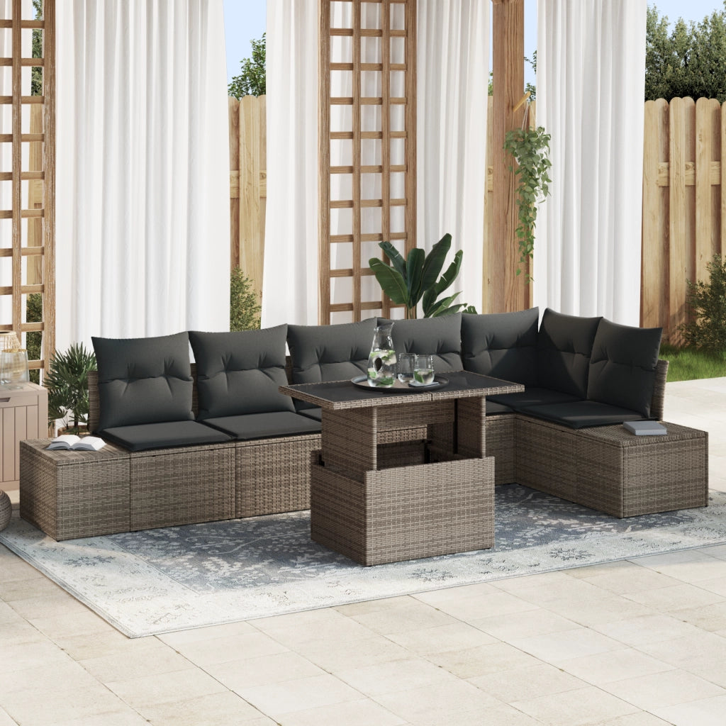 Set di Divani da Giardino da 7 Pezzi con Cuscini Grigi in Rattan Sintetico