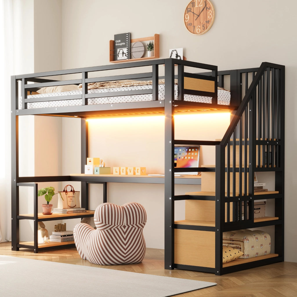Letto a soppalco 90 × 200 cm con scrivania, ripiani, scala contenitore et barriera di sicurezza, senza materasso, in metallo, nero