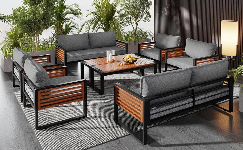 Set salotto giardino 8 pezzi: acciaio zincato; 2 Divanooi 2 posti + 4 poltrone + 2 tavolini; braccioli legno; grigio anticato