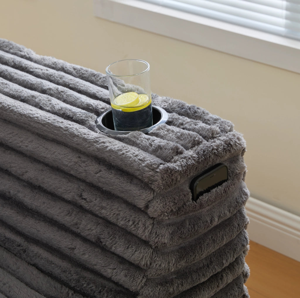 Sofa modulare a U in velluto a coste con portabicchieri e tasche laterali; grigio scuro 320x155x88 cm