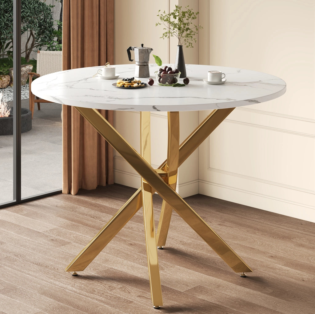 Tavolo rotondo 80 cm con piano effetto marmo e gambe cromate oro in MDF bianco