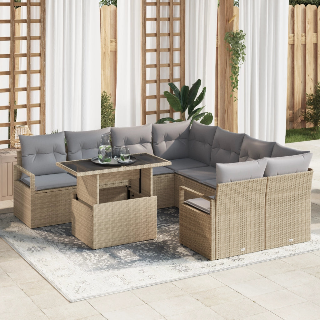 Set divani giardino da 9 pezzi con cuscini beige in polyrattan