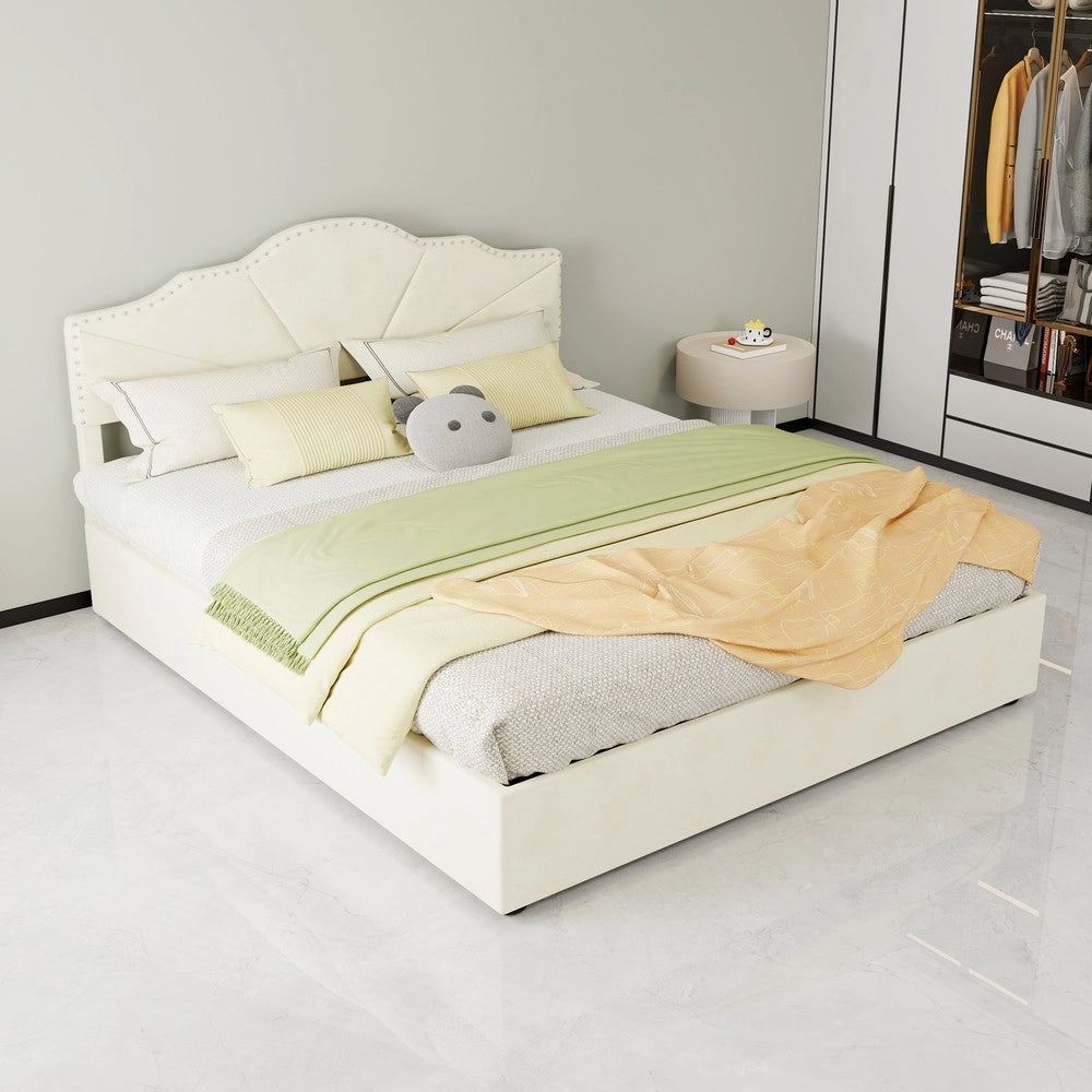 Letto Contenitore Imbottito ¨C MINIMAL ¨C Velluto Beige 160x200 con Idraulico