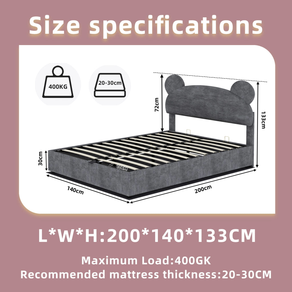 Letto contenitore 140 × 200 cm 2 posti con apertura pneumatica e testiera ludica, senza materasso, grigio