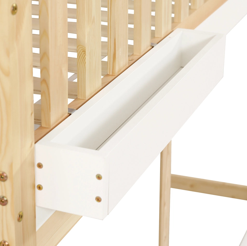 Letto a soppalco per bambini 90x200 cm bianco naturale con lavagnetta e contenitore