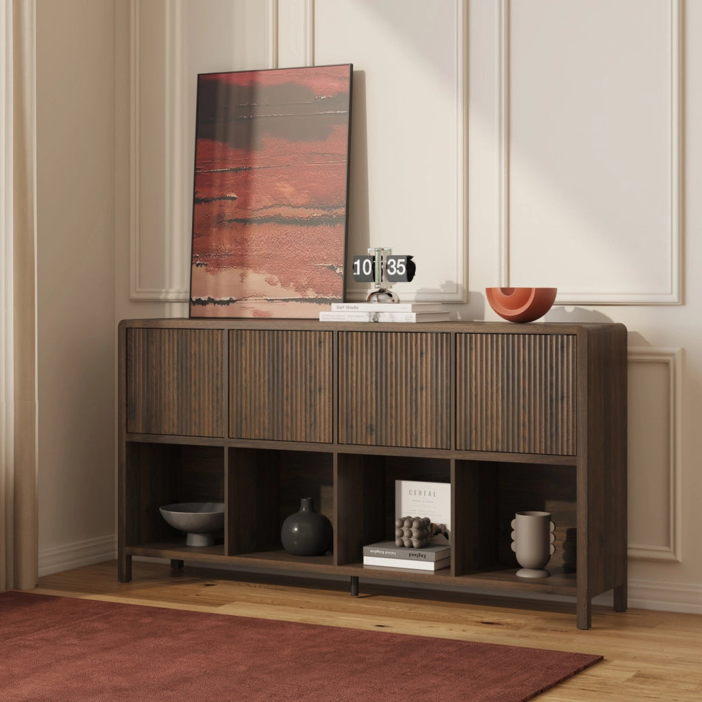 Credenza Bassa Lukkodso con 4 Ante e Scomparti Aperti 77x145x30 cm Effetto Noce [en.casa]