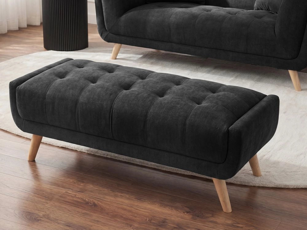Pouf rettangolare in tessuto nero stile retrò per soggiorno con gambe in legno