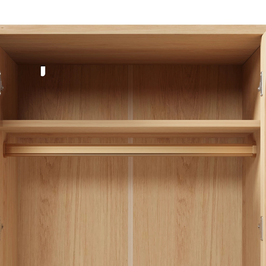 Armadio in legno massello, ante con decorazioni in vimini, 2 cassetti, ripiani aperti, color rovere
