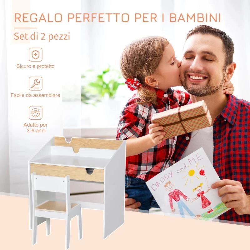 SET SCRIVANIA E SEDIA PER BAMBINI CON CASSETTO E SCAFFALE, BORDI ARROTONDATI, ETÓ 6-10 ANNI, BIANCO E LEGNO
