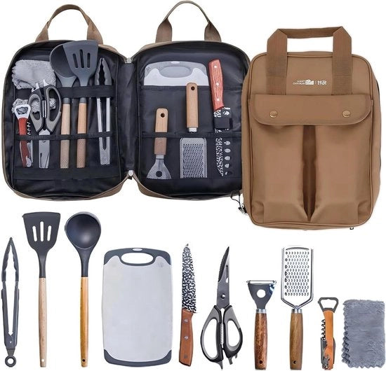 Set di accessori per cucina da campeggio 11 pezzi con organizzatore in silicone e supporto in acciaio stabile