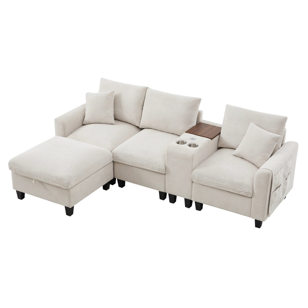 Divano angolare 229x149.5x83 cm con console centrale; porte USB e tasche portaoggetti in corduroy beige