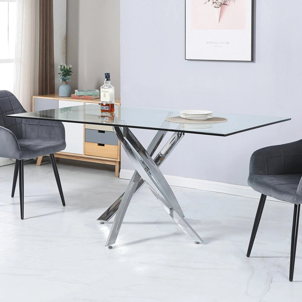 Tavolo da Pranzo Peyton 160×90 cm in Vetro Temperato con Gambe Incrociate Cromate