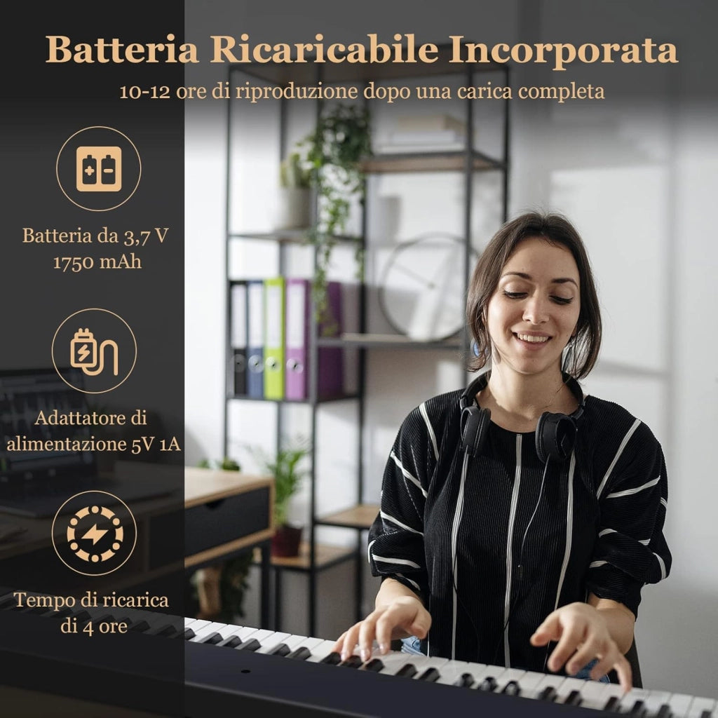 Tastiera Elettronica 88 Tasti Illuminati, Pianoforte Digitale Pieghevole Portatile con Custodia, Sustain Pedali, Modalità di Insegnamento, MP3/USB/MIDI/Bluetooth (Nero)