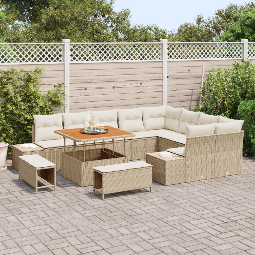 Set divani da giardino 12 pezzi con cuscini beige in rattan poli e acacia