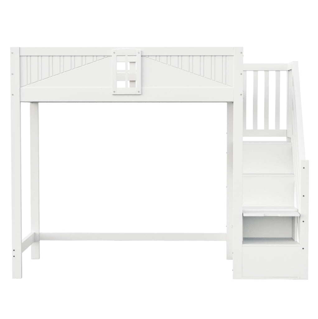 Letto a soppalco 90x200 cm in legno bianco con scala reversibile e vano portaoggetti