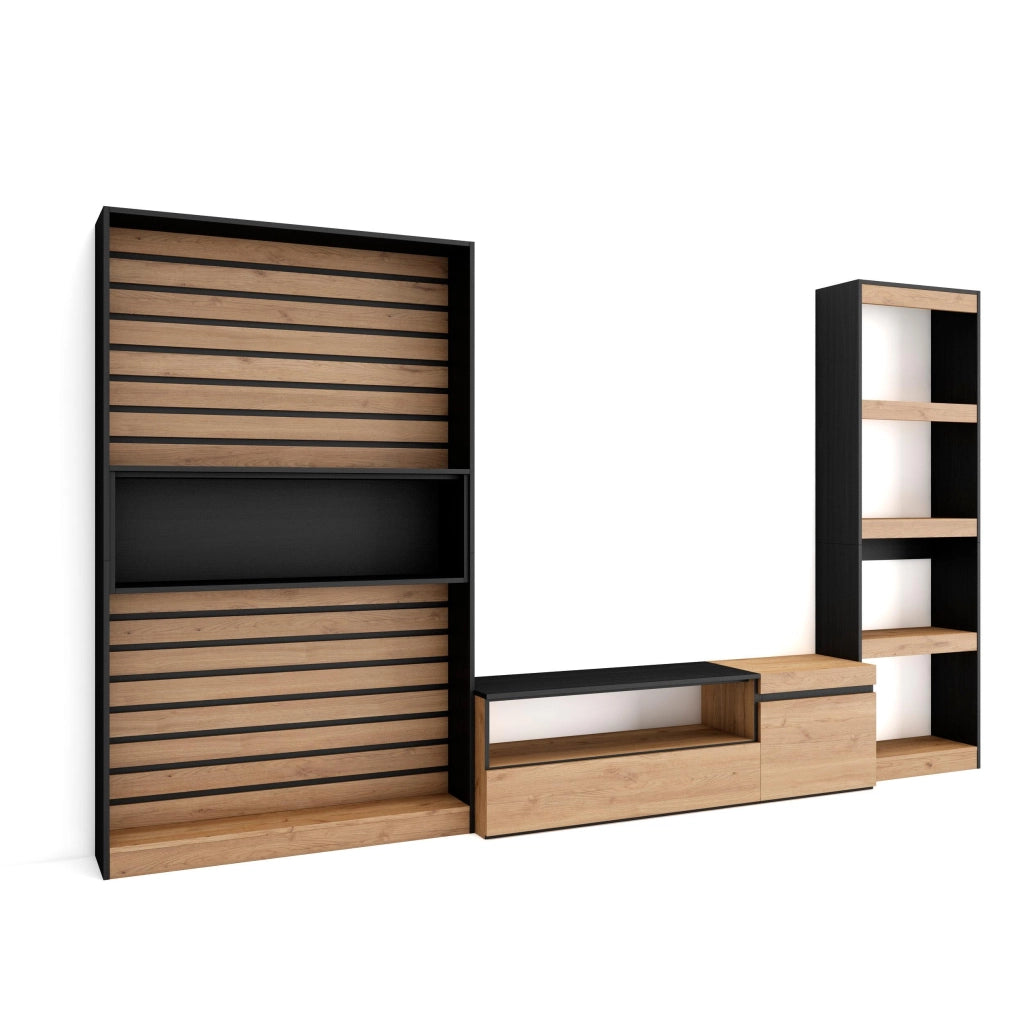 Mobile TV, Soggiorno, 320x35x186cm, Set di mobili, colore Rovere e nero RF2589