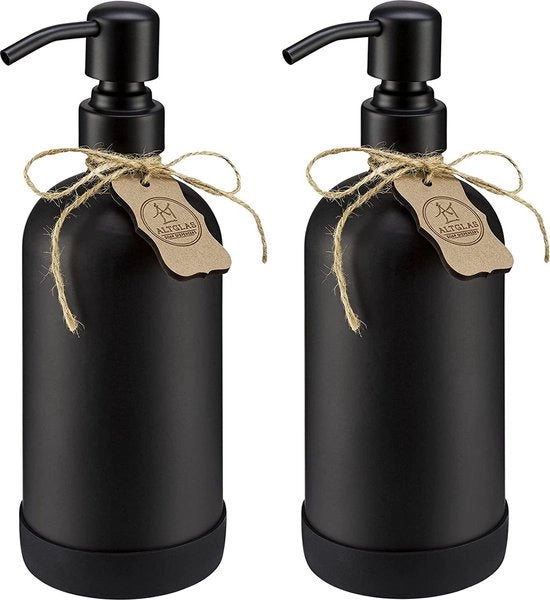 Dispensatore di sapone in vetro con pompa in acciaio inossidabile nero con sottopiatto in silicone e contenitori da 250ml (2 pezzi)