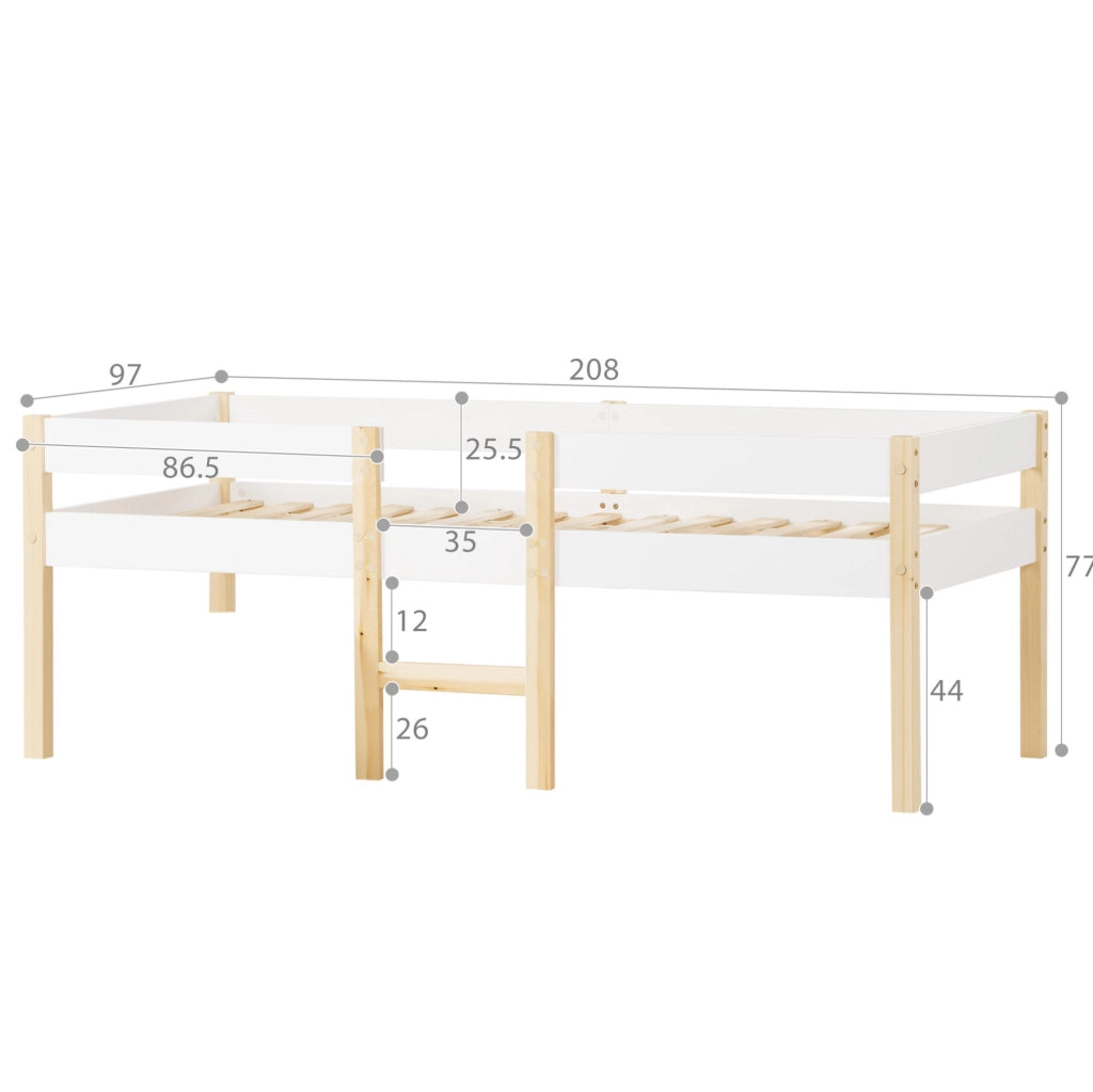 Letto per bambini con sponde anti-caduta, in legno massiccio di pino 90x200 cm bianco e quercia