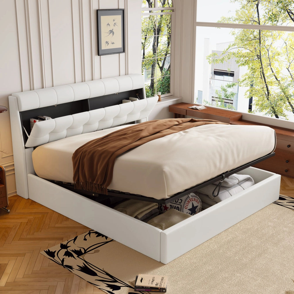 OKWISH Letto Contenitore 160×200 cm, Letto Matrimoniale con Vano Nascosto, Alzata Idraulica e Rete a Doghe, senza Materasso, PU, Bianco
