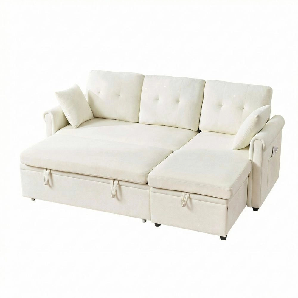Divano letto angolare con contenitore - Xylo - Montaggio bilaterale, spazio di archiviazione, morbido chenille, beige