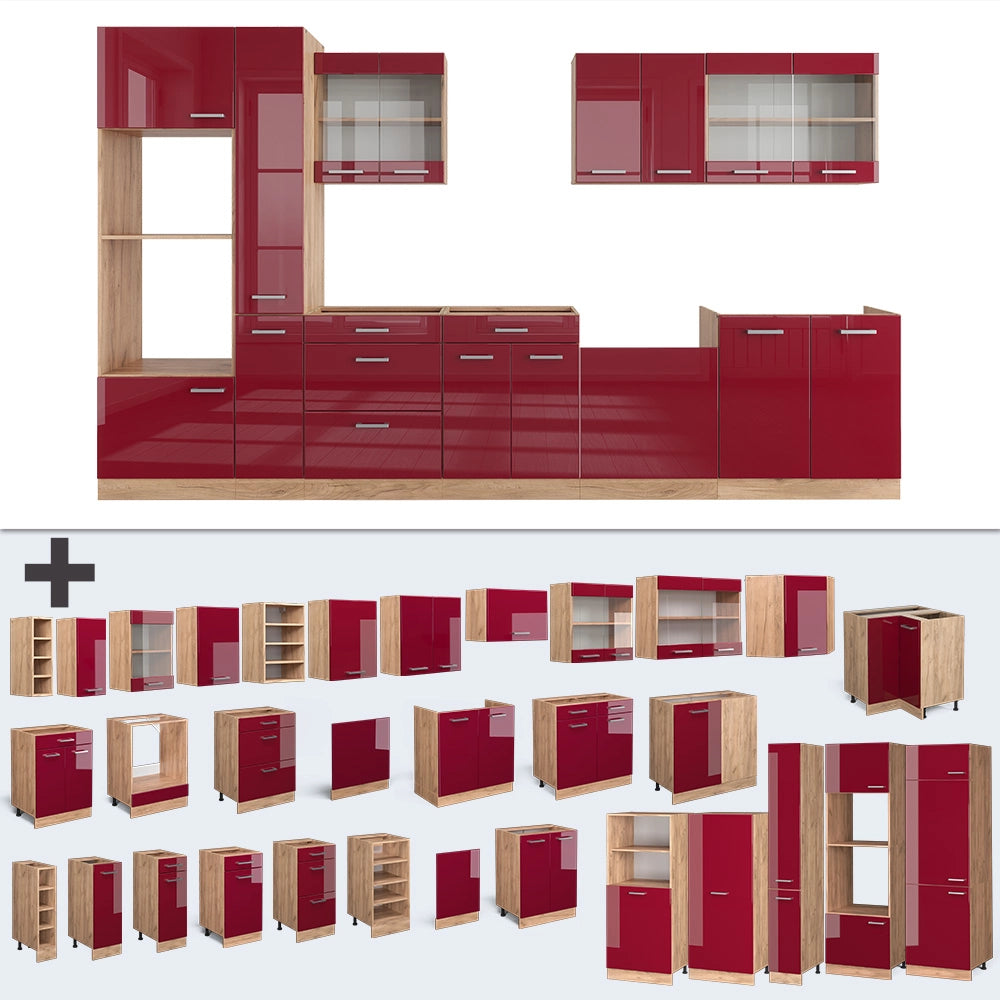 Vicco Cucina componibile Rosso lucido/rovere dorato 350 cm con armadio alto, senza piano di lavoro