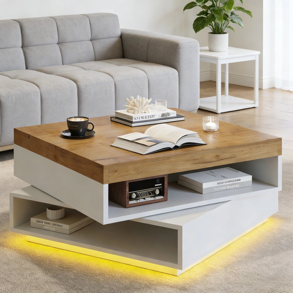Tavolino da caffè quadrato girevole 360° con LED e vani aperti 65x65x40 cm in MDF bianco e rovere